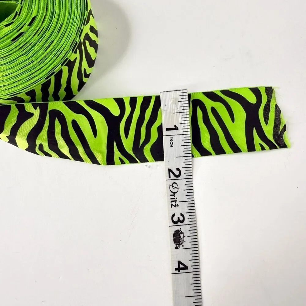 1.5” Neon Green Zebra Print Cloth Ribbon Full Roll Length Unk Craft Sewing Trim